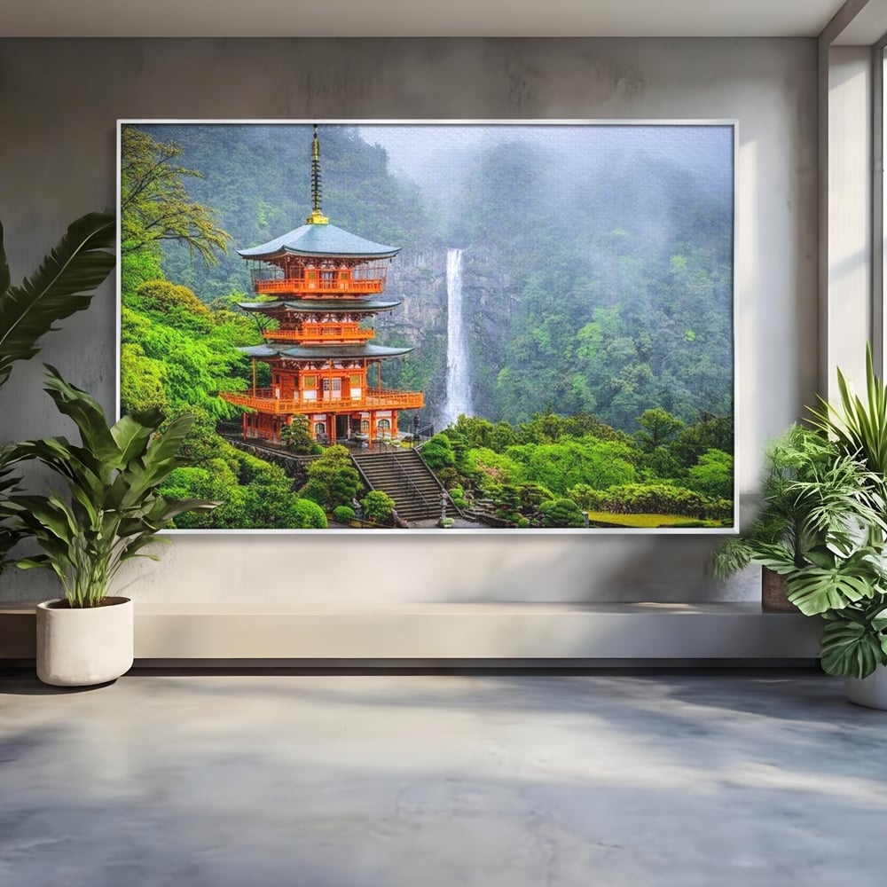 Tablou canvas cu tablou canvas cu pagoda si cascada, in rama de aluminiu argintiu